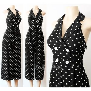 Black Polka Dot Retro Halter Crop Culotte Jumpsuit